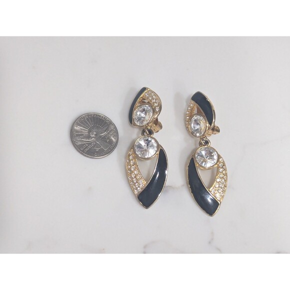 Vintage Bijoux Designs Earrings Clip On Black Enamel Rhinestone Dangle 80s 90s - Picture 7 of 11